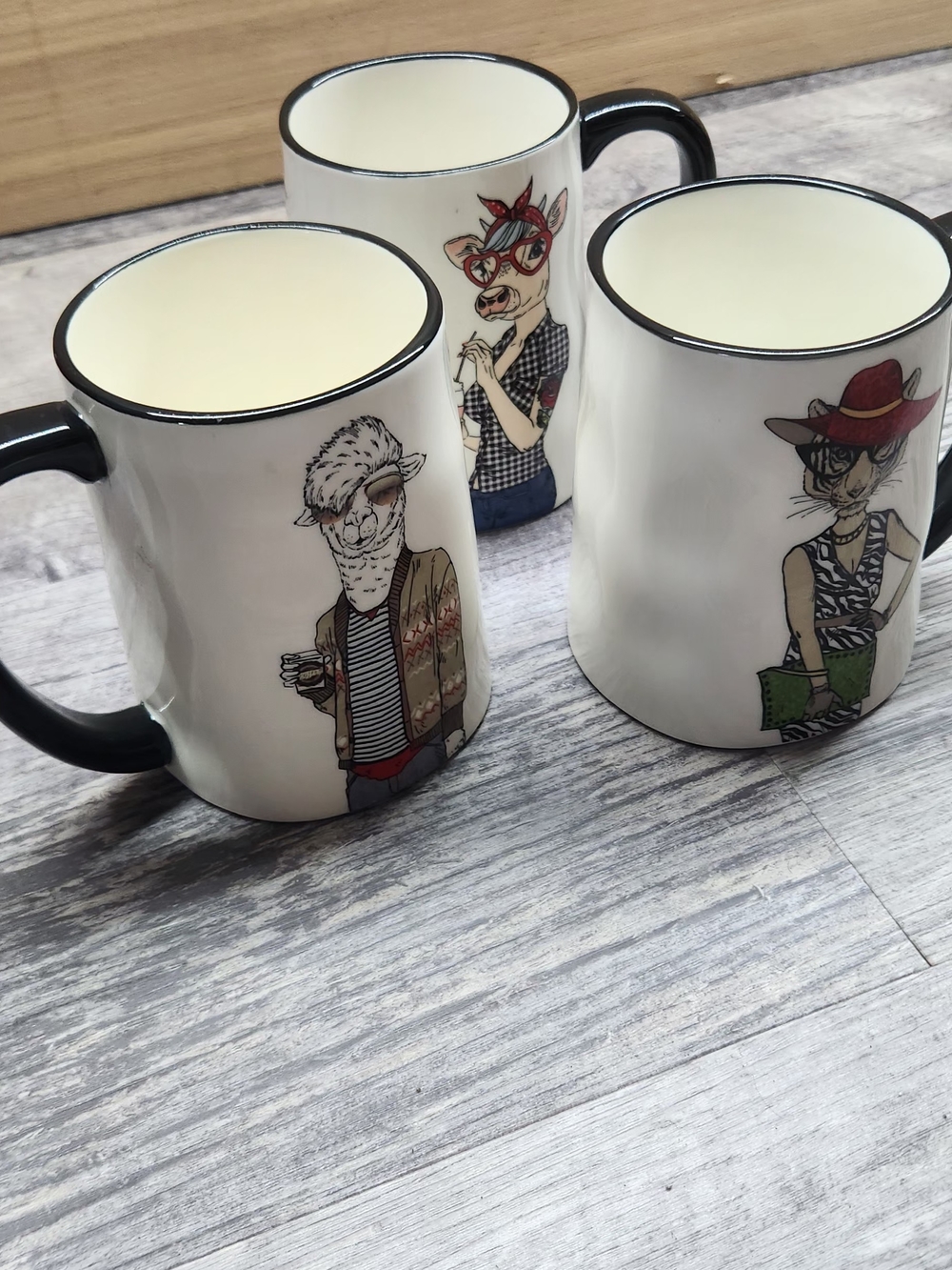 Set of 3 Animal Character Ceramic Mugs - White with Black Trim